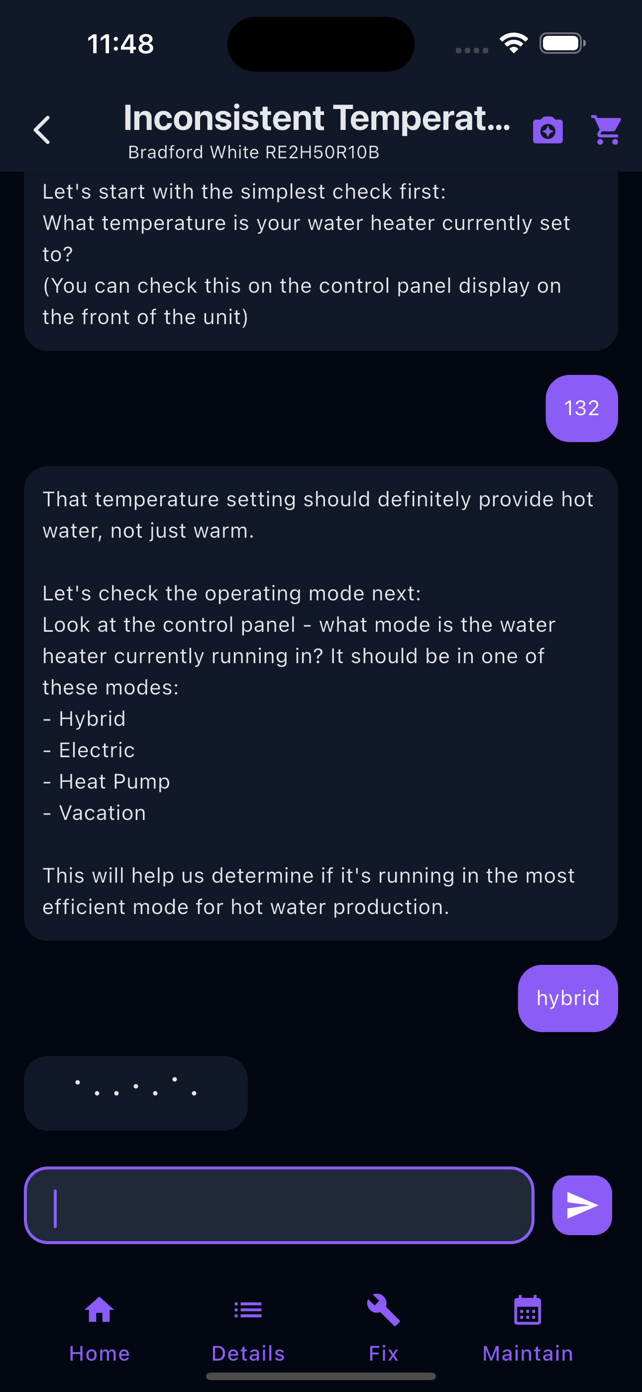 HomeGear AI app screenshot: a chat about an appliance