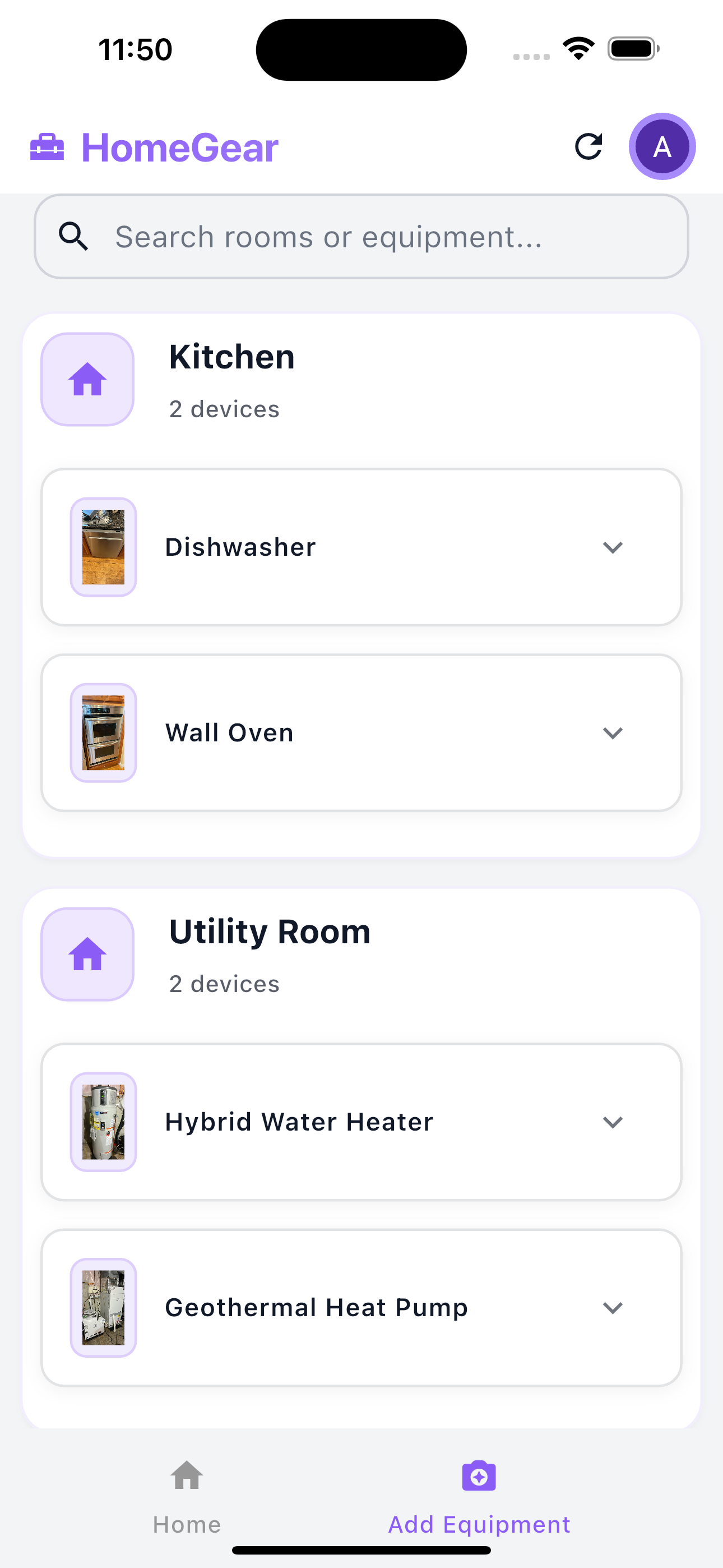 HomeGear equipment list screenshot